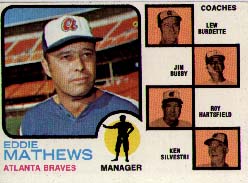 1973 Topps Baseball Cards      237B    Eddie Mathews MG/Lew Burdette/Jim Busby/Roy Hartsfield/Ken Silvestri w/o Ear